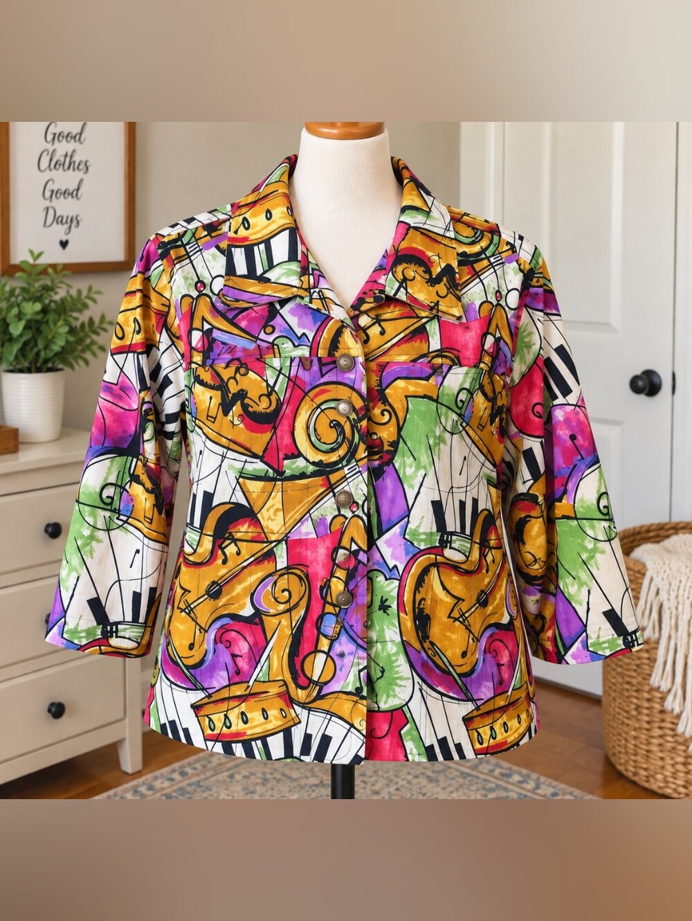 🎼Mirror Image Women’s M Music Print Jacket Colorful Wearable Art